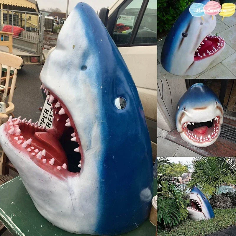 Creative White Shark Garden Art Statue Resin Lifelike White Shark Head Crocodile Sculpture Wall Hanging Home Yard Garden Decor