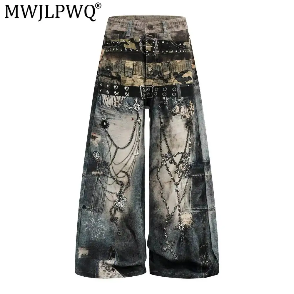 MWJLPWQ American High Street Heavy-Duty Printed Jeans Male Hiphop Niched Spring Autumn Washed Distressed Unisex Long Pants 20013
