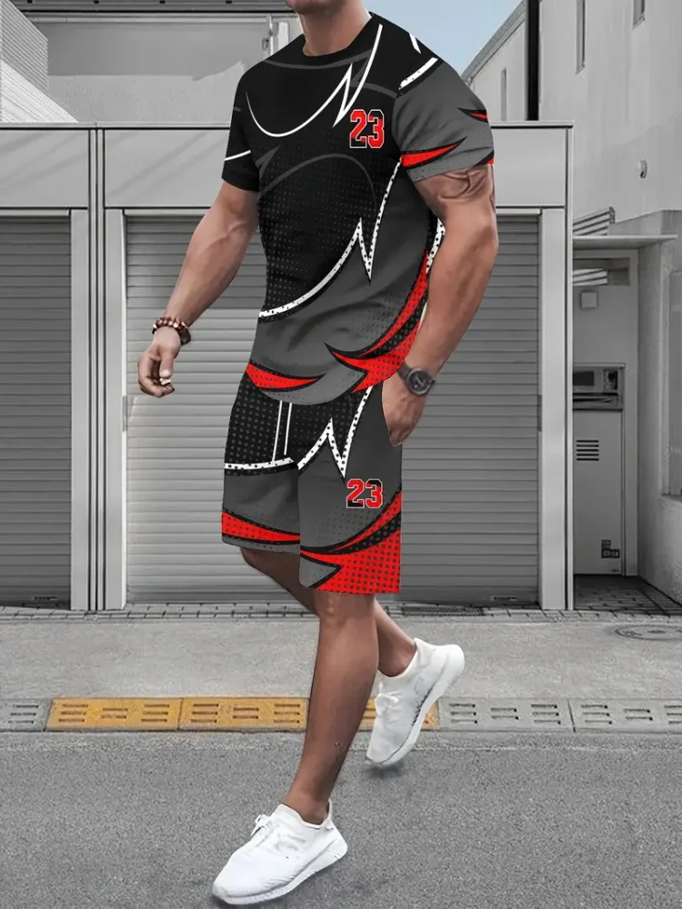 Summer Urban Trend Men's Suit Casual Short Sleeve Shorts 2 Pieces Creative Geometric Print Outdoor Casual Street Wear