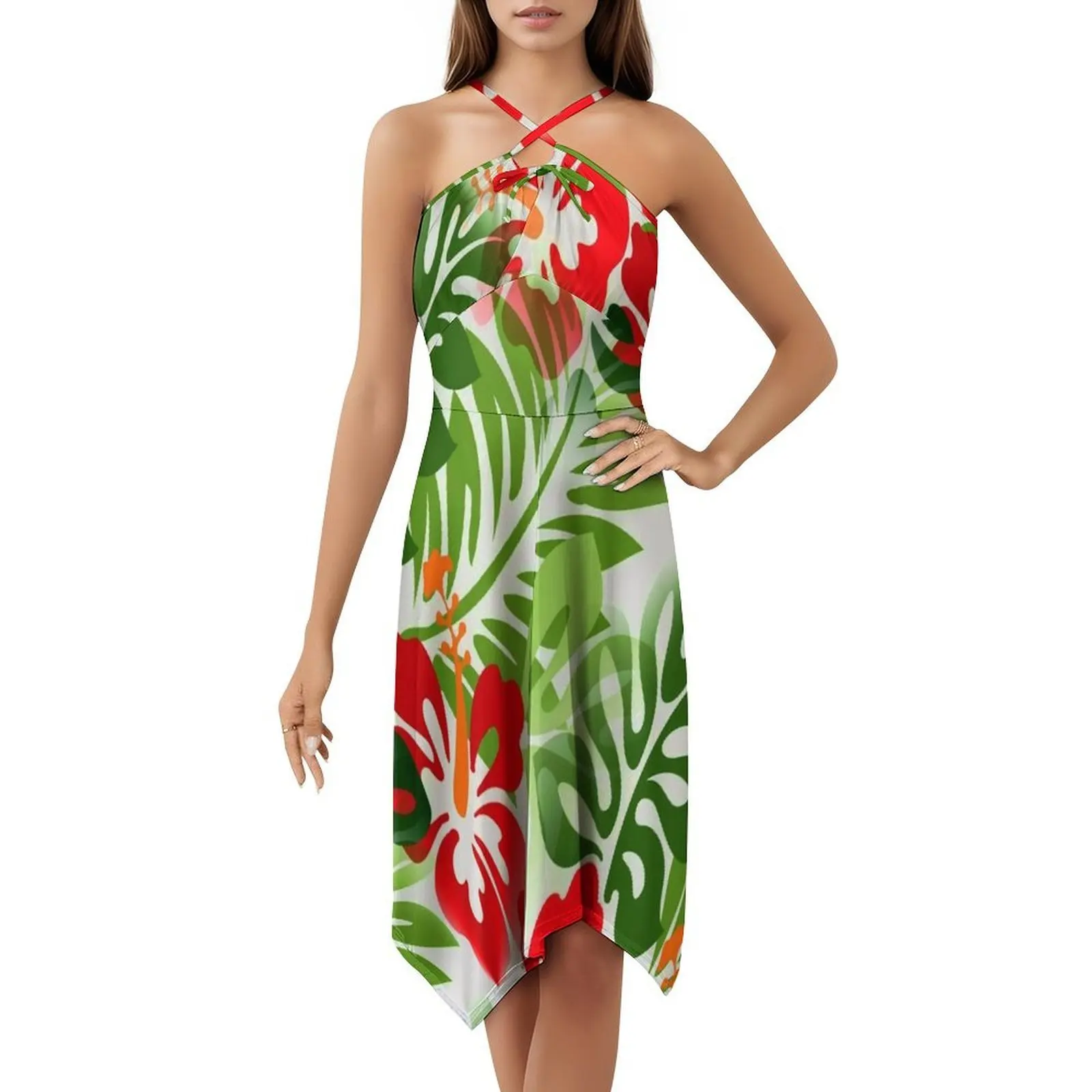 Minivestido hawaiano con estampado de flores tropicales, rojo, verde, estilo Preppy, corte en A, corte holgado, informal, para el día, hawaiano