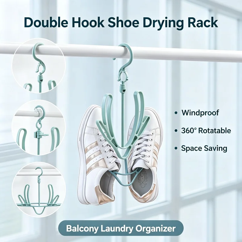 Windproof Shoe Drying Hanger 360 Rotatable Double Hook Shoe Rack Space Saving Plastic Hanger for Sneakers Slippers
