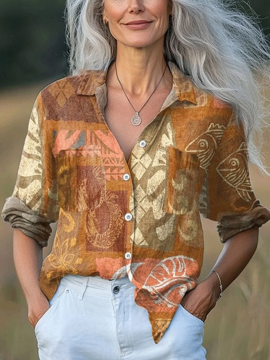 Nova camisa básica de manga comprida masculina e feminina de estilo europeu. Novo top casual com camisa com estampa floral estilo boêmio.