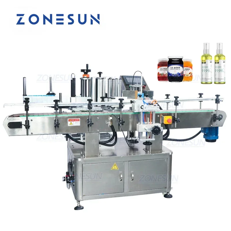 ZONESUN Vertical Automatic Round Vinegar Drink Wine Bottle Jar Can Double Side Labeling Machine For Production