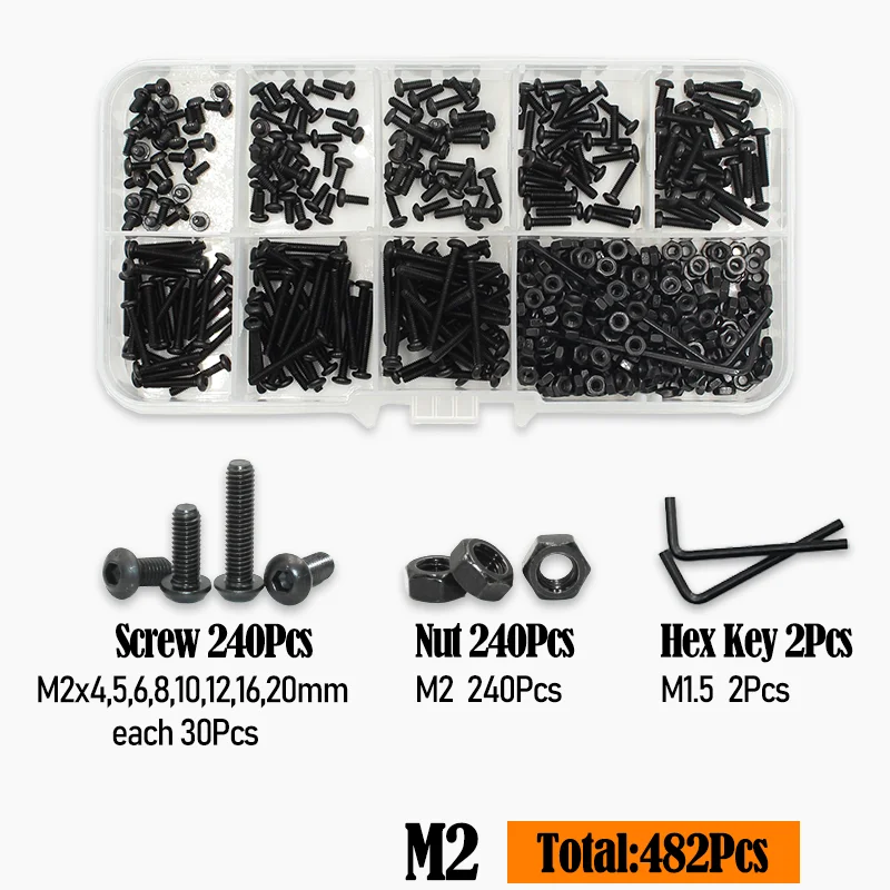 2510-teiliges Rundkopfschrauben-Set M2 M2.5 M3 M4 M5 M6 Schwarz 10.9 Güte Innensechskant-Kopfschrauben Bolzen Muttern Unterlegscheiben ISO7380