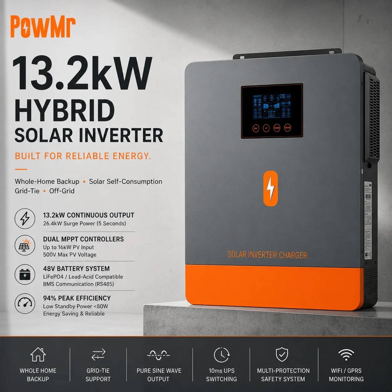 PowMr 13.2KW 48V Hybrid Solar Inverter Charger 230Vac Output With MPPT 160A Controller Dual MPPT 90-450V PV Max 8000W*2 Input All In One Off Grid Solar System Support Lead Acid & RS485 Lithium Battery BMS for Home Cabin Farm Solar Energy System
