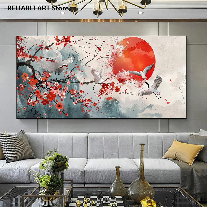 

Vintag Crane Birds Watercolor Textures Cherry Blossom Flower Branches Canvas Painting,Print Poster Wall Art Home Decor Unframed