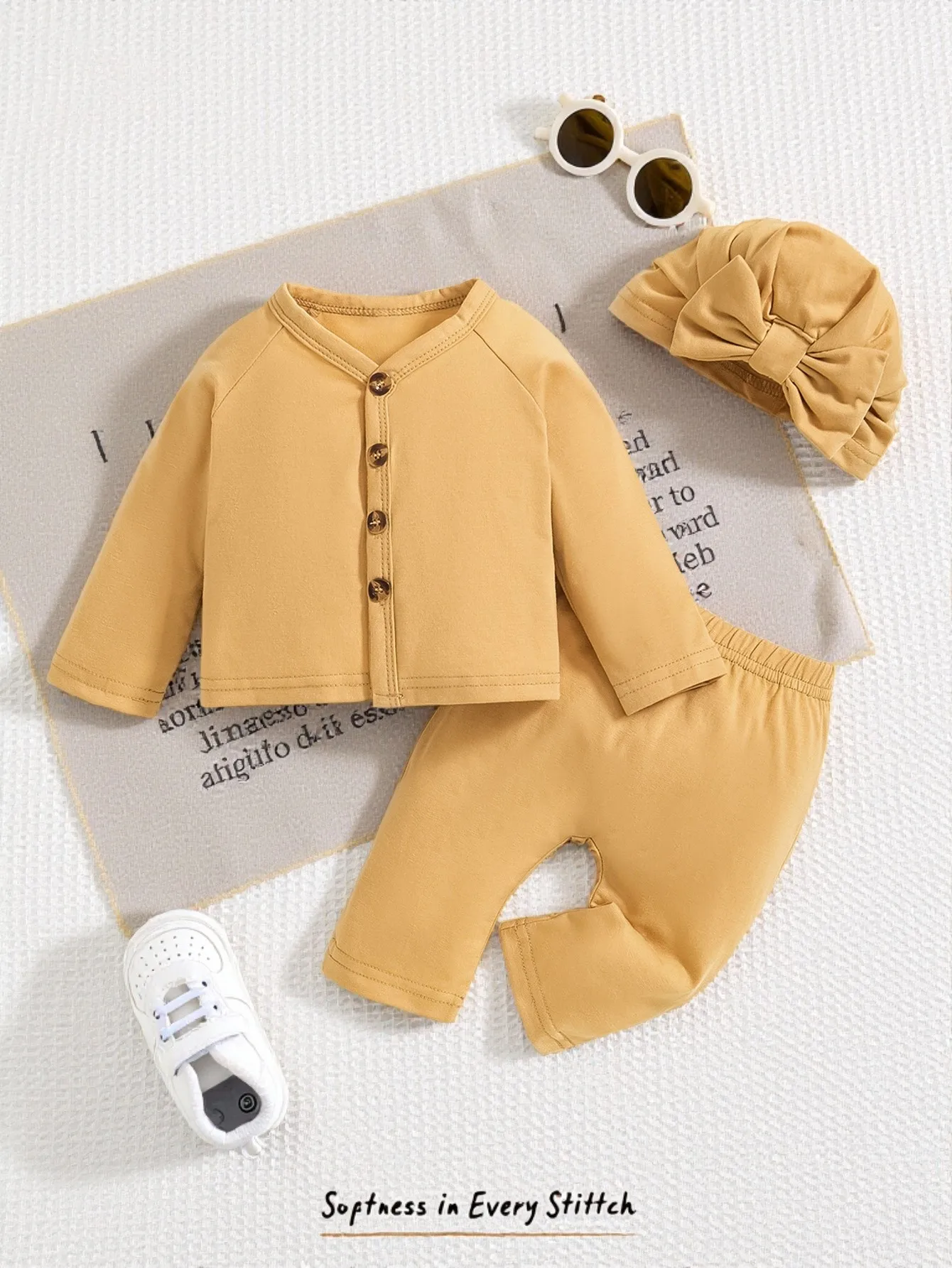 Baby Spring and Autumn Three-Piece Set, Warm Yellow Soft Cotton Cardigan Set, Matching Bow Headband