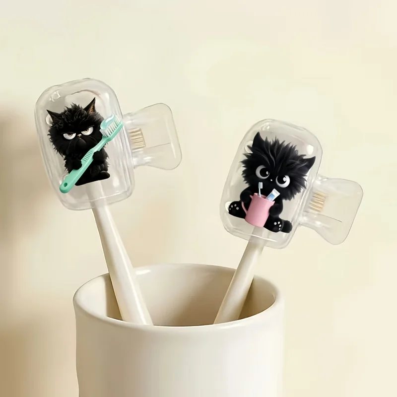 2pcs Black Kittens Toothbrush Storage Box, Bathroom Accessory