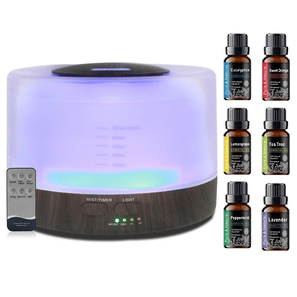 Aromatherapy Set with 500ml Diffuser & 6 Therapeutic Essential Oils, 7 Color Mood Lights, Auto Shut-Off, Ultrasonic Quiet Operat