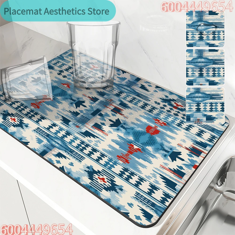 Große Küchen-Absorbiermatte im Bohemian-Geometrischen Design, Rutschfeste Abtropfmatte für Kaffee und Geschirr, Schnelltrocknende Badezimmer-Abtropfmatte, Tischwarenmatte