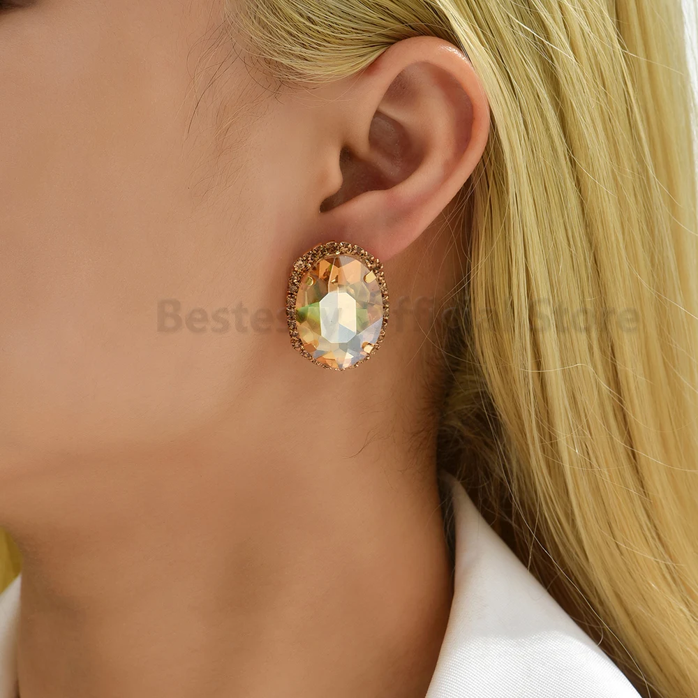 Hot Pink Big Rhinestone Decor Earrings For Women Unusual Design Oval Luxury Piercing Ear Studs Trendy Party Prom Vintage Jewelry