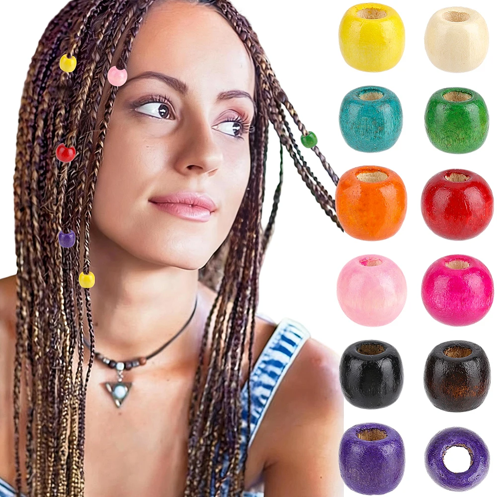 660pcs 11 Colors 12mm Large Hole Wood Hair Beads Cube Colored Maple Dyed Vintage Wooden Barrel Braid Macrame Loose Spacer Bead