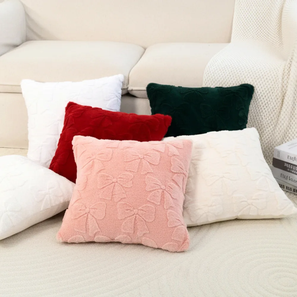 Solid-Color Rabbit Fur Jacquard Bow Pillowcase Cojines Lovely Plush Living Room Sofa Decoration Pillow Cushion Covers 45x45cm