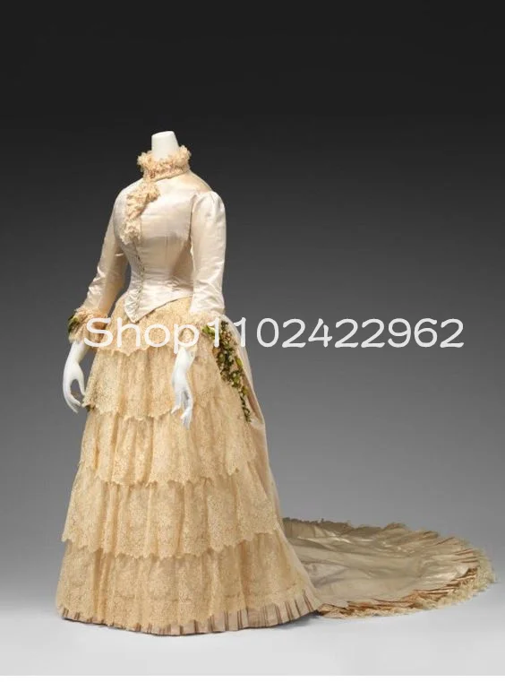 Champagne History Fashion Wedding Dresses with Long Sleeve Ruched Skirt Antique Bustle Victorian Costume Movie Bridal Gown