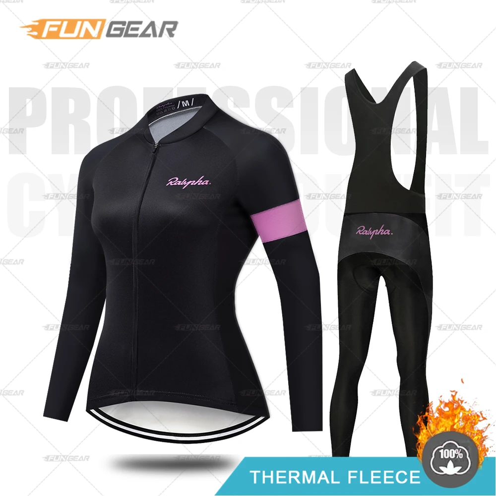 Thermal Fleece Cycling Clothing Set for Women, Long Sleeve Jersey Set, Warm Jacket, Road Bike, Bib Pants, Lady Clothes, Winter F