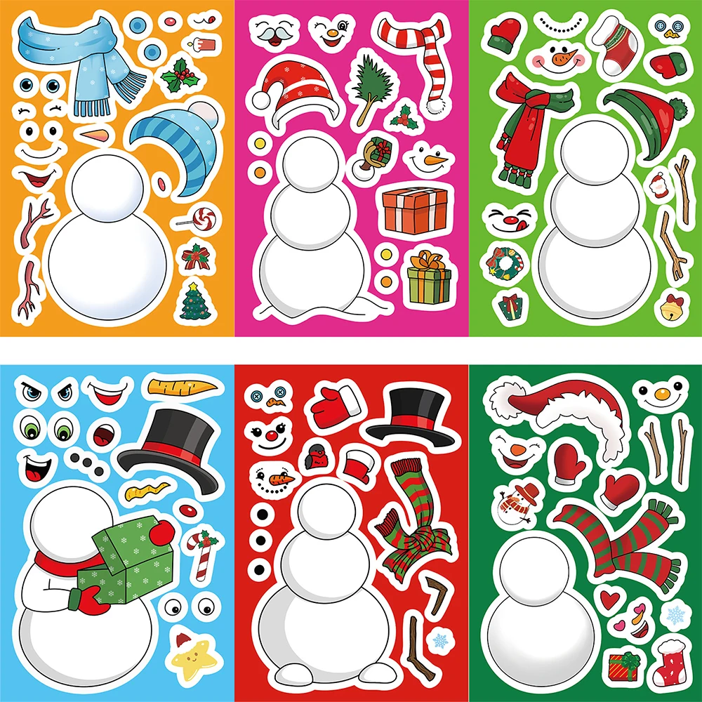 8/16 Blatt Schneemann Cartoon Make a Face Puzzle Aufkleber Niedliche Weihnachtsdekoration Aufkleber Lustiges Puzzle Zusammenbauen Partyspiel Geschenk