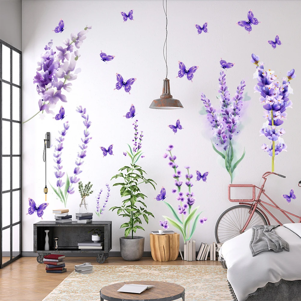 2sheets/set Purple Lavender Wall Flower Stickers Removable Inkjet For Bedroom Living Room Home Decoration