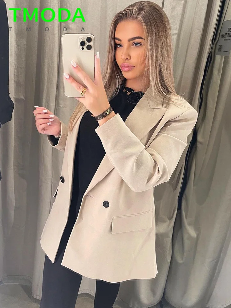 T MODA 2023 Women Double Breasted Blazer Office Lady Loose Classic Coat Suit Jacket Female Chic Outwear Outfits Veste Femme