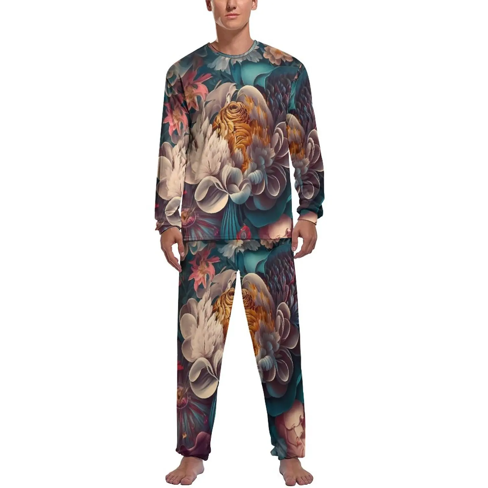 Baroque Print Pajamas Mens Flowers Blossom Soft Nightwear Spring Long Sleeves Two Piece Bedroom Design Pajama Sets