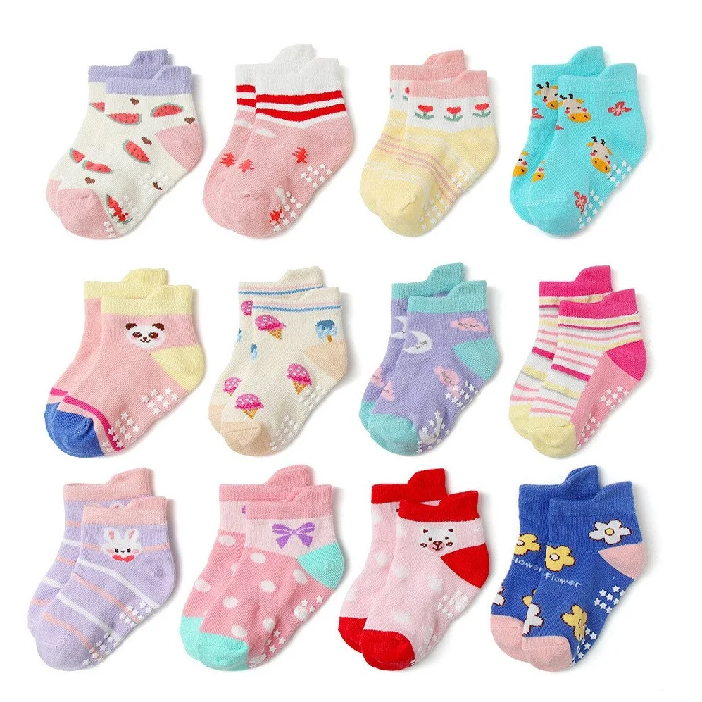 12 pairs of spring and summer cartoon children's socks,anti slip baby boat socks,glue dispensing,breathable cotton socks