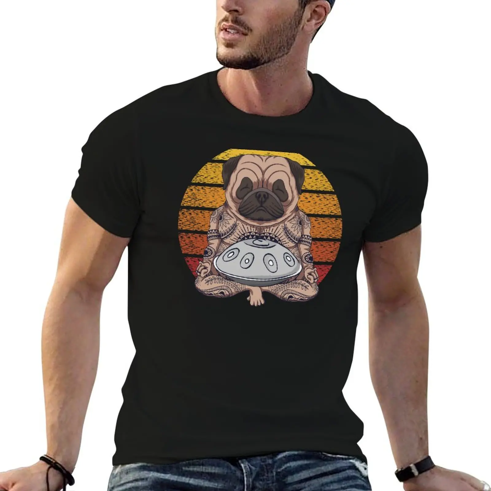 Camiseta Handpan Pug Art para Músico de Hang Drum, camisetas masculinas, camisetas engraçadas, camiseta de algodão, camiseta com estampa personalizada