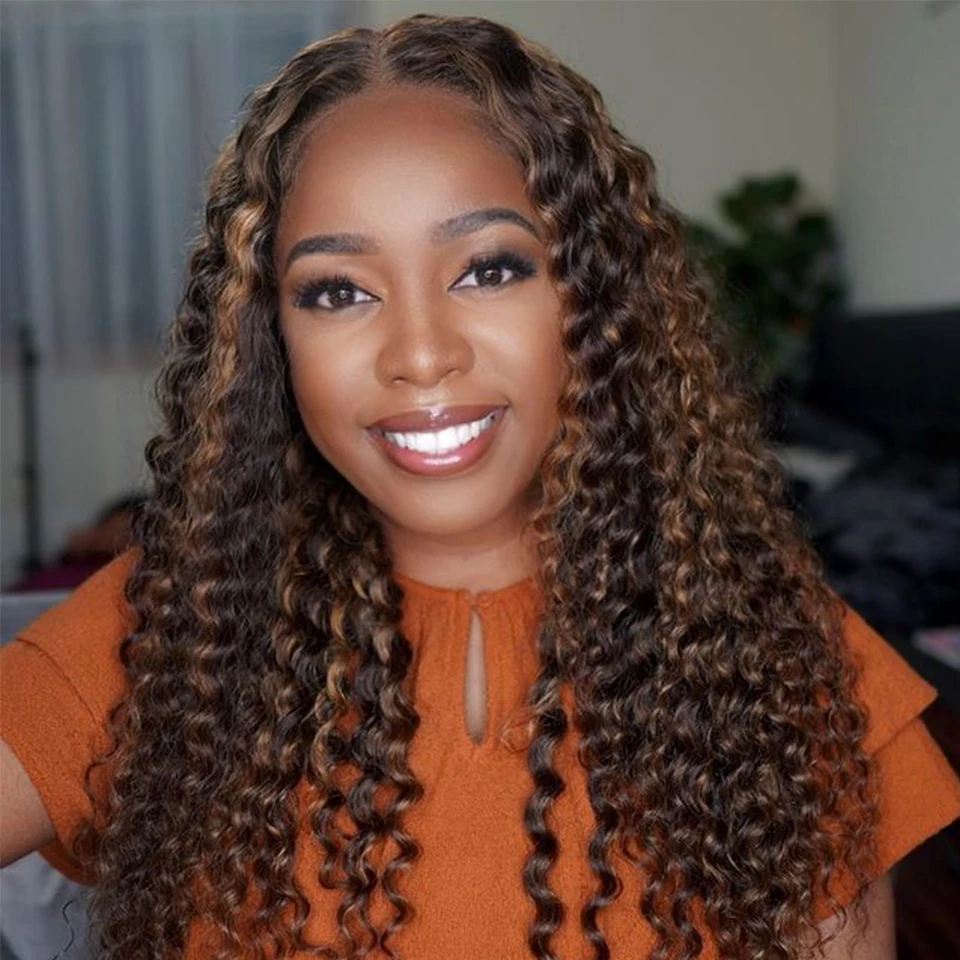 Megeen 13x4 HD parrucca frontale in pizzo evidenziare onda profonda parrucca anteriore in pizzo trasparente capelli umani con capelli del bambino P4/27 capelli vergini ricci