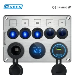 QUBEN Dual USB QC3.0 presa caricatore/LED voltmetro/interruttore a levetta pannello multifunzione per camper Yacht auto barca camion veicoli Van
