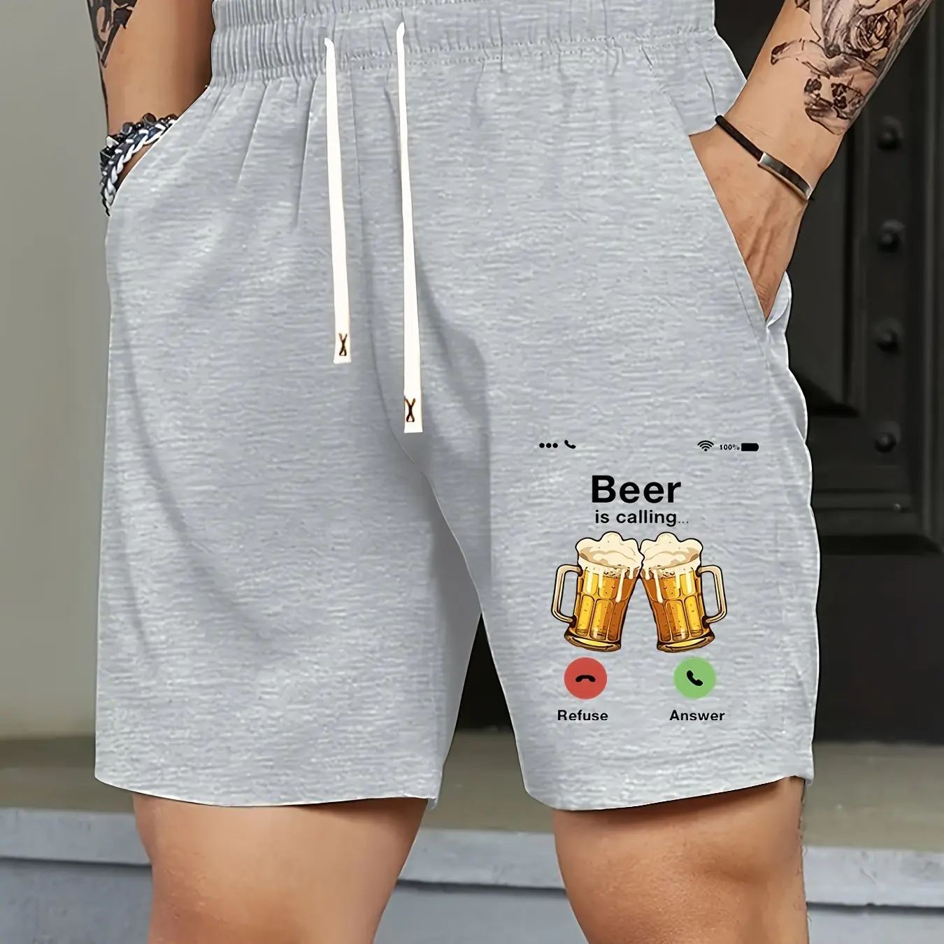 

Men's Shorts with Beer Phone Print, Featuring Waistband and Pockets, Summer Street Fashion Shorts
