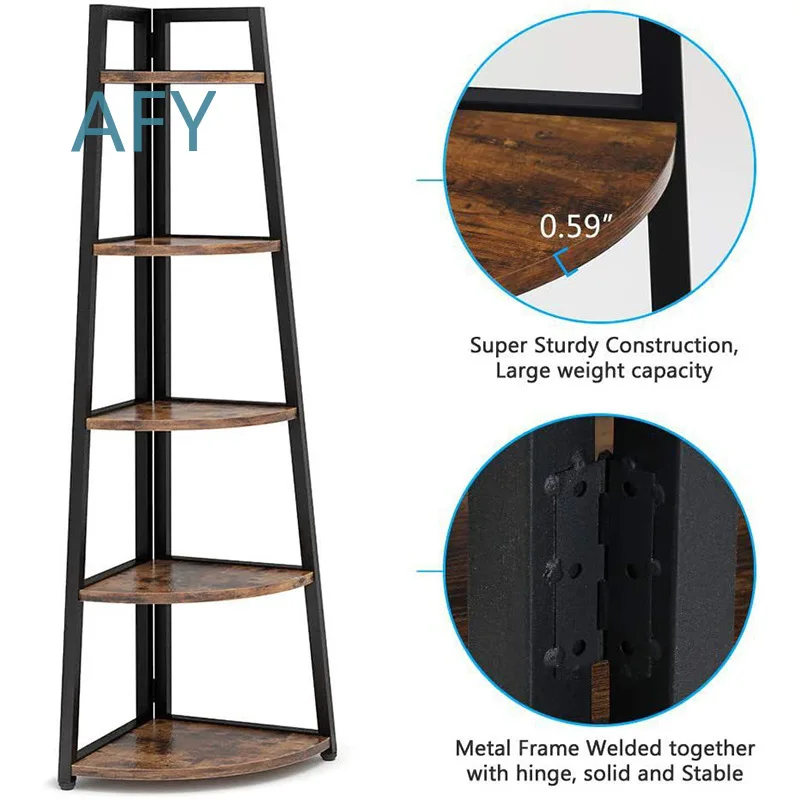 Industrial Corner Ladder Shelf Bookcase for Living Room Home Office Storage 70 Inch Tall 5 Tier Corner Bookshelf for IKEA