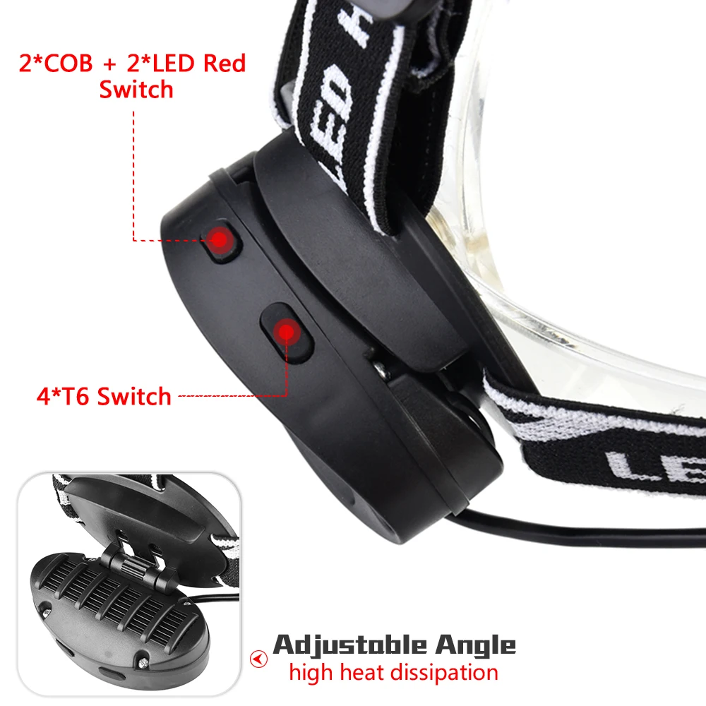 Lampe Frontale LED Super Brillante en Forme de T avec 7 Modes d'Éclairage, Lumière COB, 2 Unités Rouges, Soleil, Batterie 18650, Lanterne de Camping