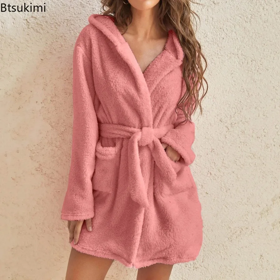 Women's Bath Robe Winter Fluffy Plush Pyjamas Ladies Sexy Hooded Dressing Solid Color Gown Warm Bathrobe Female Home Clothing