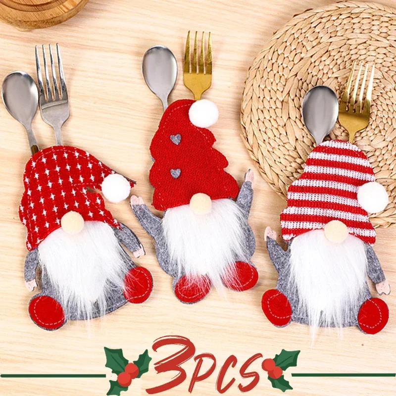 1/3pcs Xmas Cutlery Bag Cartoon Elf Dwarf Santa Claus Knife Fork Storage Pocket Christmas New Year Event Tableware Home Ornament