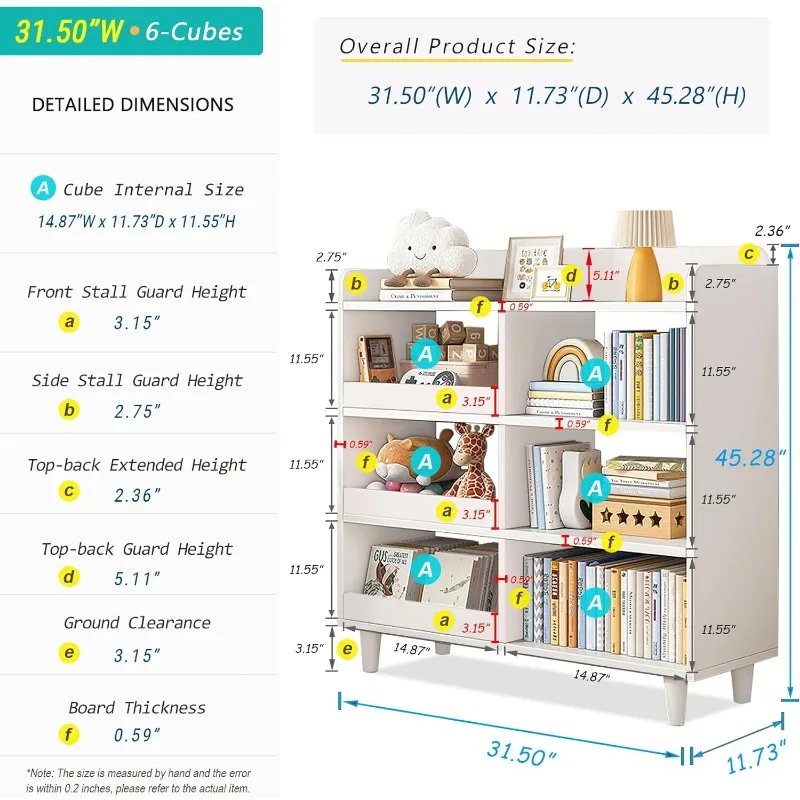 Wooden Cube Bookcase with Legs - 3-Tier Open Shelf Kidsroom Sorted Storage Cabinet Organizer for Books and Toys