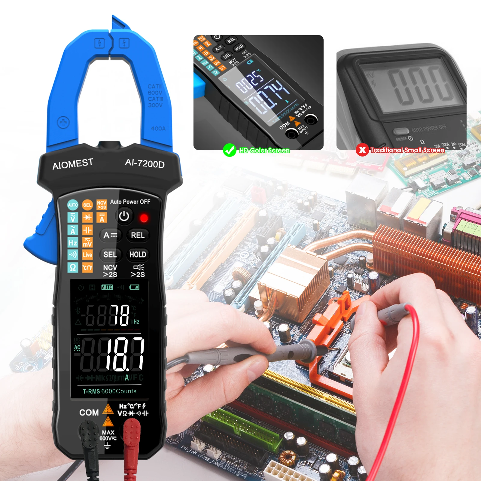 AI-7200D Digitale Klem Meter, 6000 Telt Handheld Multimeter Slanke Spanning Tester Auto-Range 60a/400a True-Rms W/Ncv, Dc & Ac