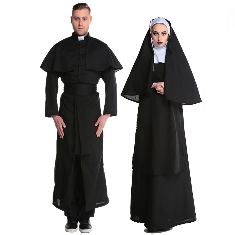 Carnival Halloween Classic Couples Church Priest Nun Habit Costume Traditional Religious Black Robe Cosplay Fancy Party Dress