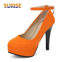 Spring Autumn Women Platform Pumps Round Toe Orange Black Green High Thin Heels Prom Dress Office Lady Fashion Ankle Strap Shoes