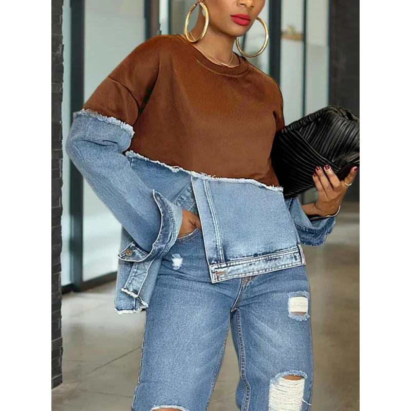 2026 ربيع الخريف المرقعة الدنيم البلوز القمم موضة كم طويل س الرقبة الشارع الشهير بلوزات المرأة بلوزة أنيقة سيدة