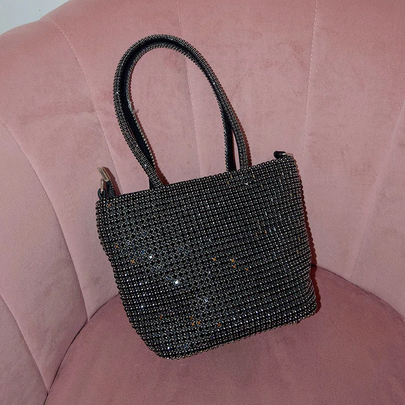 Shiny, inlaid with diamonds, vegetable basket bag, niche design, simple handbag, large-capacity messenger bag