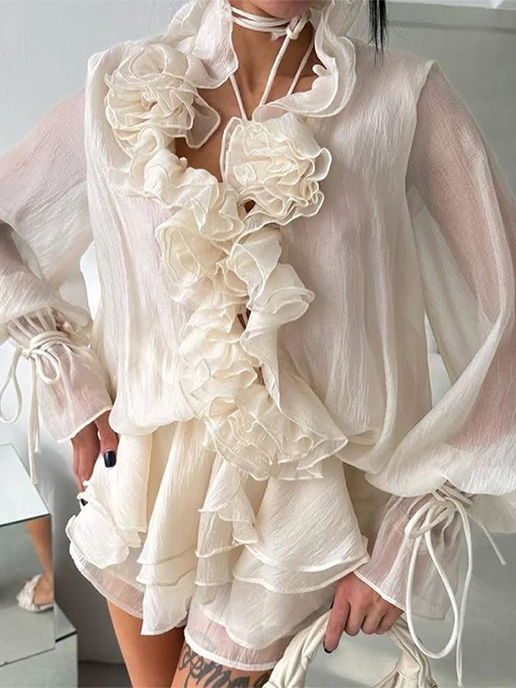 

Elegant 3D Flower Ruffle Women's Shirt Shorts Sets V-neck Lace Up Long Sleeve Top Elastic Waist Short Pants Summer Lady Suits