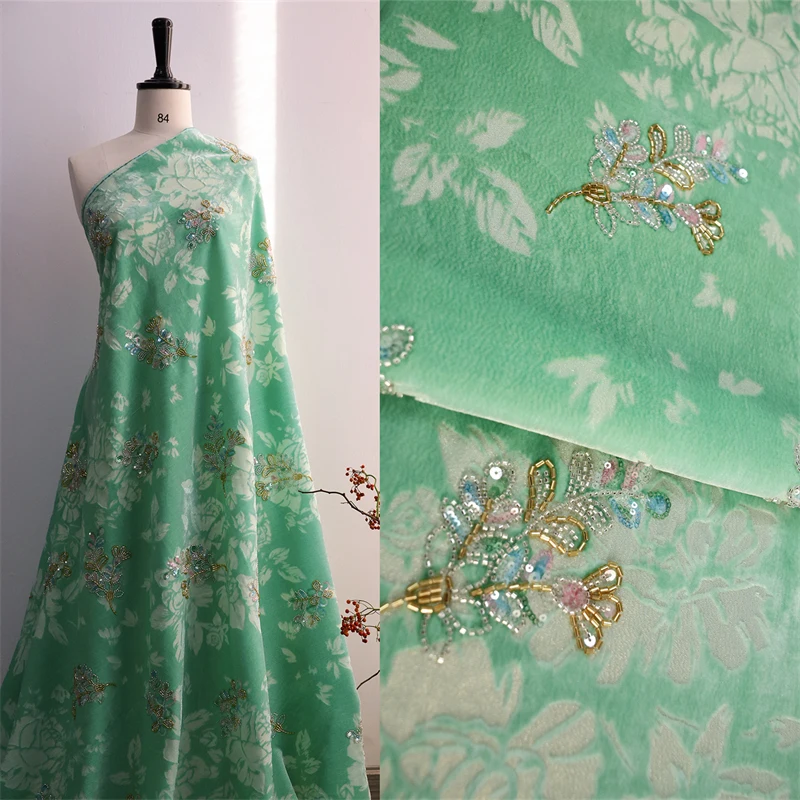 

Light Green Silk Distressed Velvet Composite Nail Bead Embroidery High-end Handmade Sewing Vest Dress Brand Designer Silk Fabric