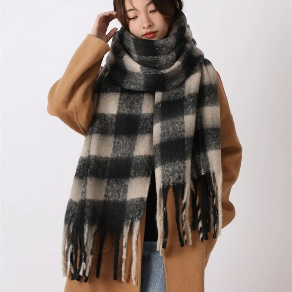 Classic Mohair Plaid Wool Scarf Tassel Thicken Winter Cashmere Scarves Solid Color Warm Long Shawl Autumn Winter