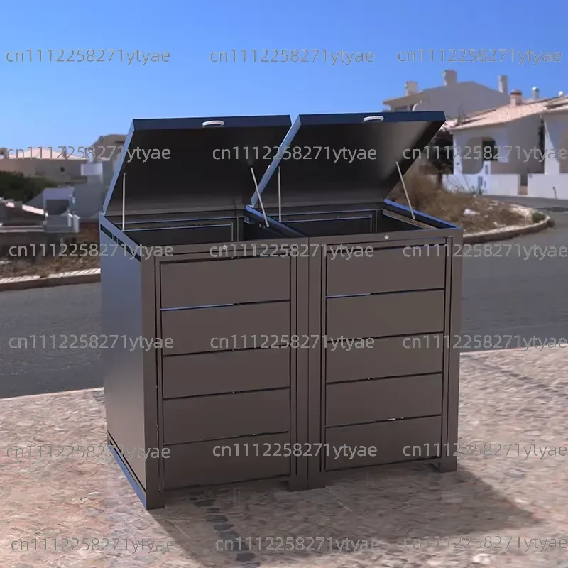 Customized 240L Galvanized Sheet Storage Bin Outdoor Trash Can with Hydraulic Rod Built-in Structural Cabin Roof