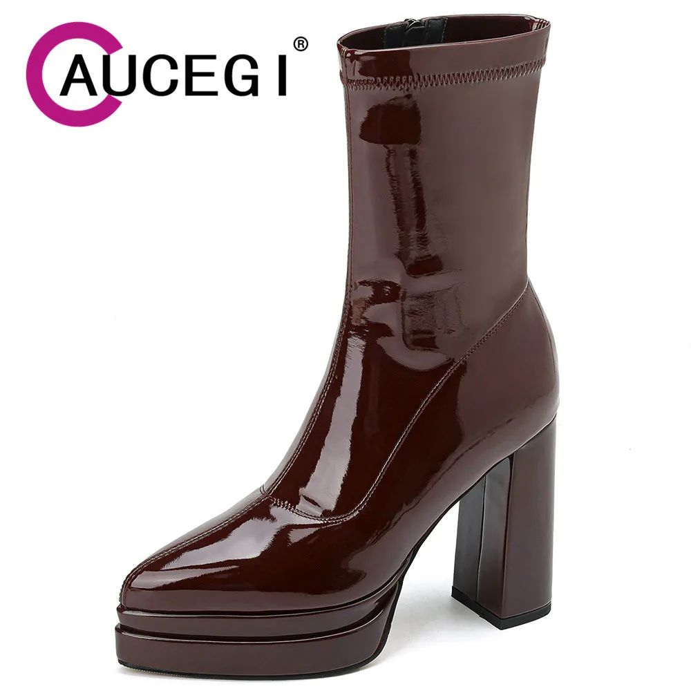 

Aucegi Classic Style Pointed Toe Women Ankle Boots Fashion Elegant Modern Slim Spring Autumn Patent Leather Dress Dancing Shoes