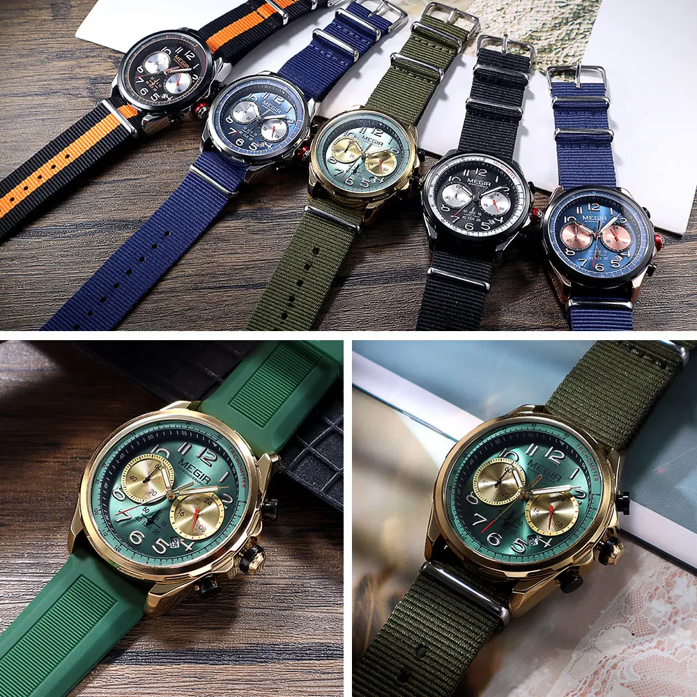 MEGIR Fashion Canvas strap Sport Quartz Watch Olive Green Waterproof Luminous Chronograph Wristwatch with Date Silicone Strap