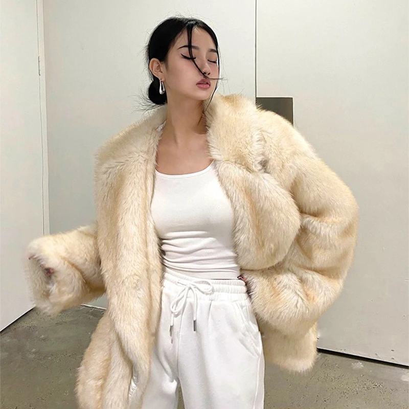 Luxury Brand Designer Faux Fur Coat Jacket Women 2023 Winter Gradient Animal Color Loose Oversize Long Fluffy Overcoat Outerwear