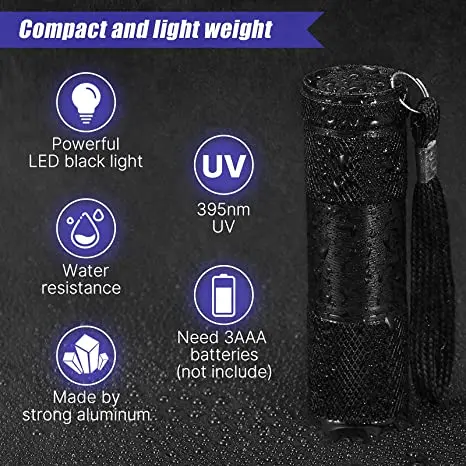 Mini lampe de poche UV Blacklight, lampes de poche, détecteur de torche, chien, animal de compagnie, urine, SAF, punaises de lit et scorpions,