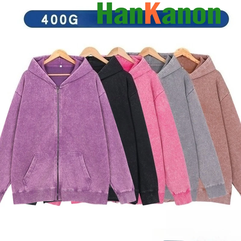 

Винтажная стираная толстовка на молнии, 400 г, тяжелая флисовая толстовка унисекс разных цветов, модный уличный стиль для мужчин и женщин