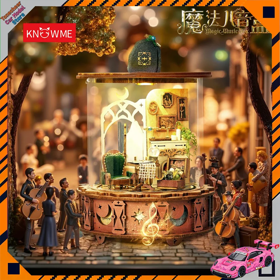 

Knowme Moni Microworld Magic Music Box Assembled Induction Bookend Wooden Building Blocks DIY Handmade Cabin Model Creative Gift
