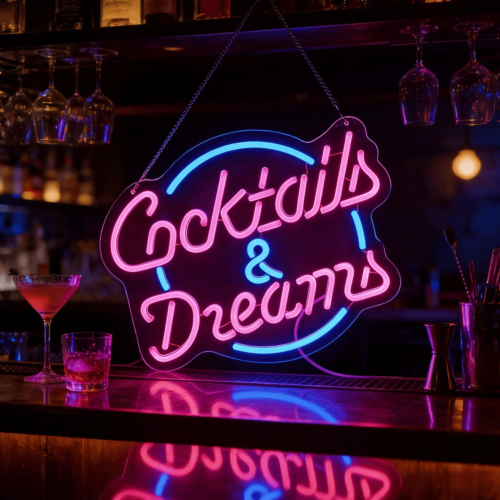 LED Cocktails & Dreams Neon Sign Pink Blue USB Powered Wall Light for Bar Home Bedroom Decor Aesthetic Hanging Lamp view 5