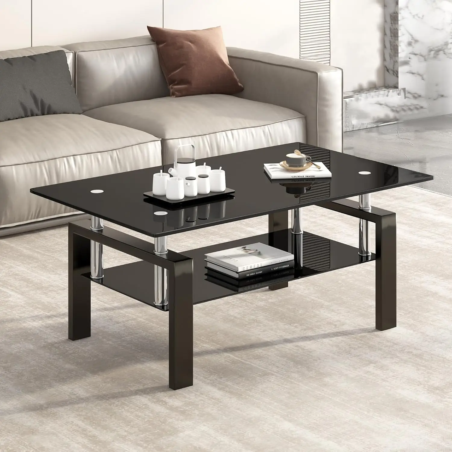 

Журнальный столик из закаленного стекла с металлическими ножками, современный маленький журнальный столик для гостиной (черный)